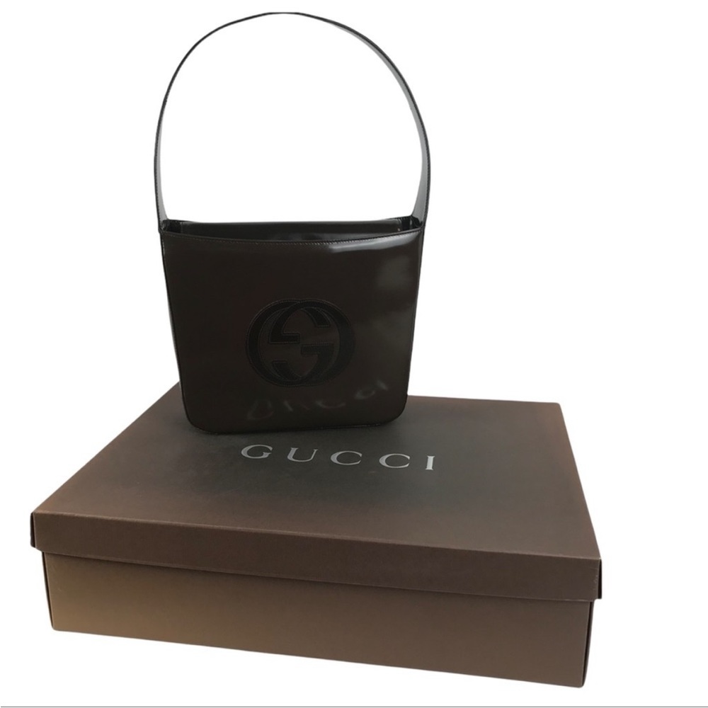 Gucci Brown Patent Leather shoulder bag with interlocking GG FAIR CONDITION